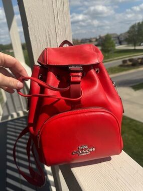 Coach Red Leather Drawstring Backpack with Front Zip Pocket